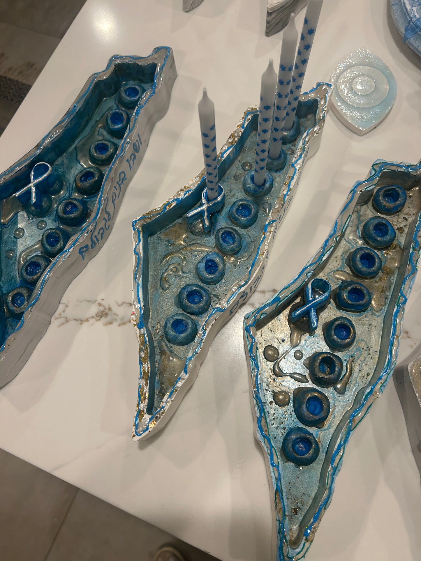 Chanukkah blue Menorah in the shape of Israel