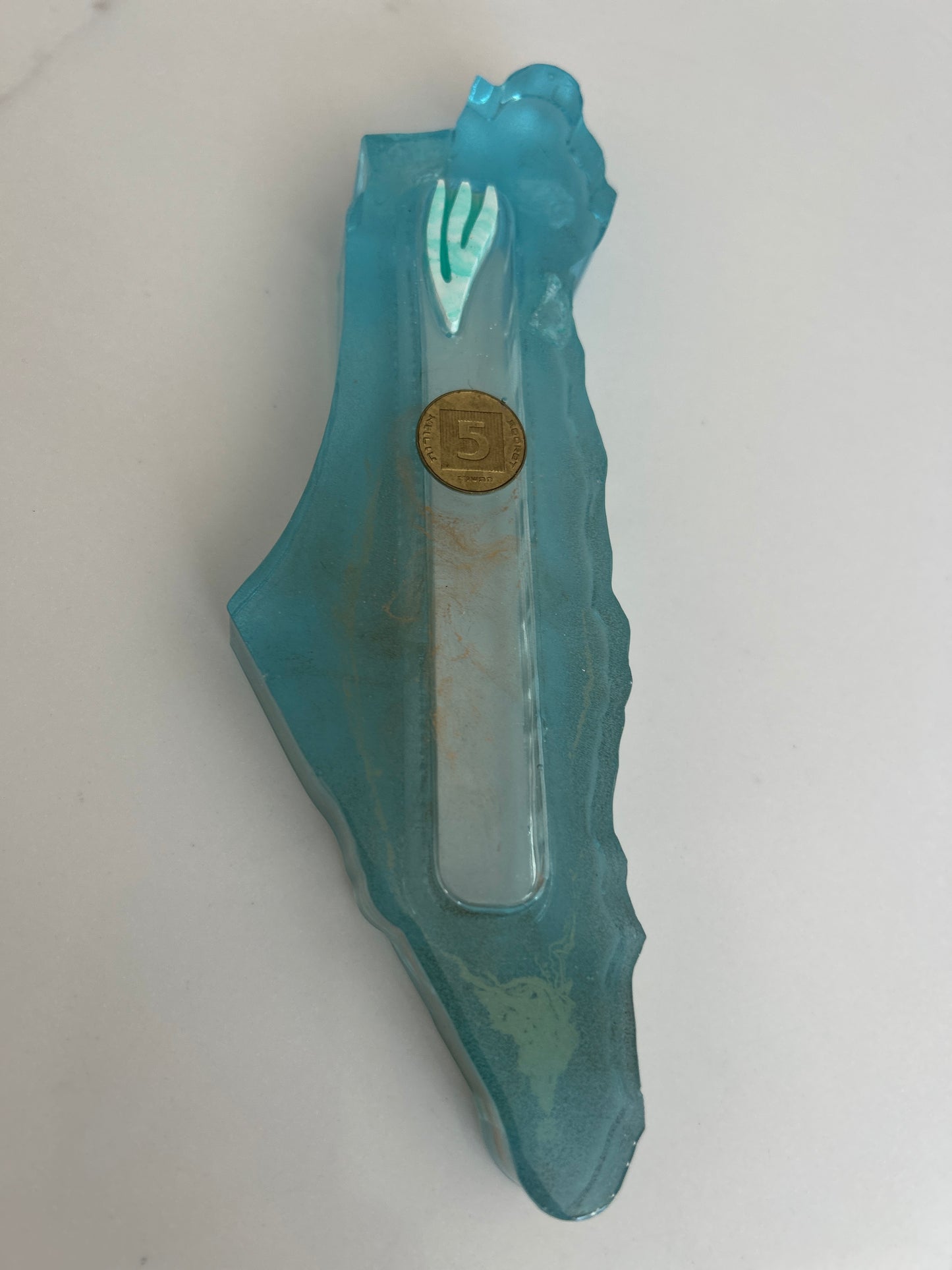Mezuzah Case 5 Agorot featuring an old Israeli coin