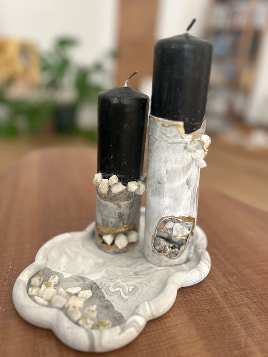 Geode gray Marble two Candles & a tray